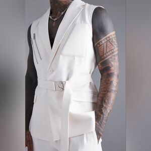 Men's Elegant White Vest with Belt